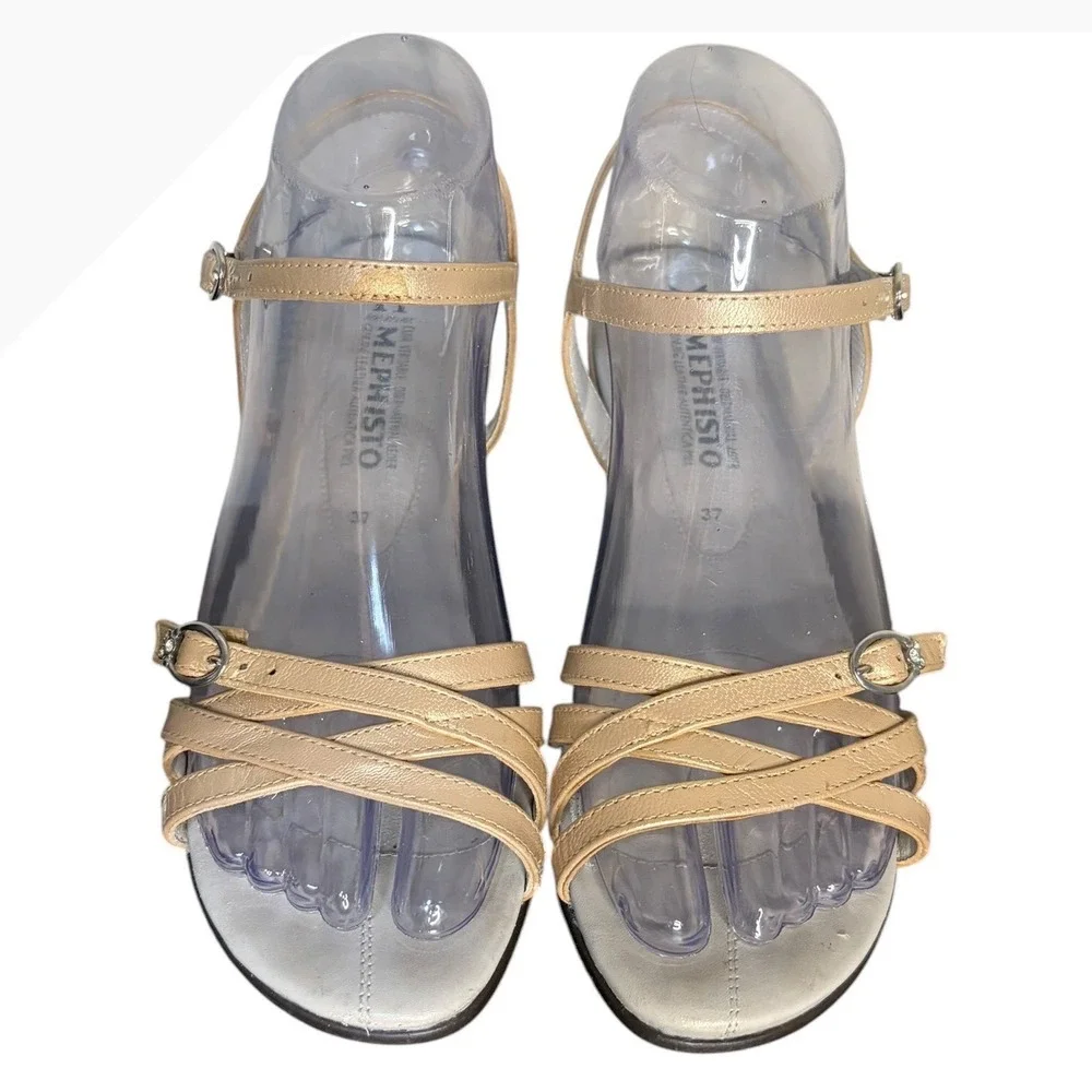 Mephisto Champagne Gold Wedge Sandals Rhinestone‎ Strappy Women's Size 7 (37 EU)